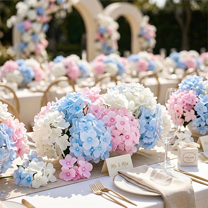 Auihiay 64Pcs Hydrangea Artificial Flowers Bulk, Faux Hydrangea Flowers Heads with Stems for Engagement Baby Shower Wedding Arch Birthday Anniversary Bridal Shower(Mixed Color)