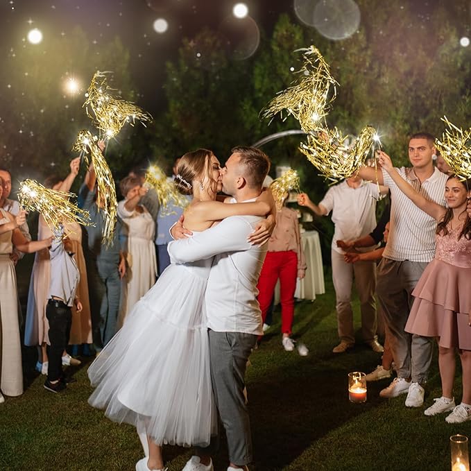 Simgoing 100 Pcs Lighted Wedding Wands LED Tinsel Wands Light up Streamers Sparklers for Wedding Send Off and Exits Birthday Party Props Favors(Gold)