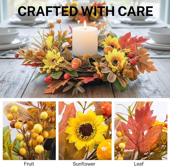 MOYEE Autumn Centerpieces for Tables Candle Ring, Black Metal Candlestick with an Artificial Wreaths 14 in Versatile Dining Table Centerpiece Decor (Yellow Sunflower Wreath)