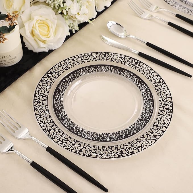 U-QE 10pcs Clear and Black Plastic Plates | 5 Dinner Plate 10.25 '' &5 Dessert 7.5 '' Plate, Premium Party Supplies, Heavy Duty Plastic Plates Disposable