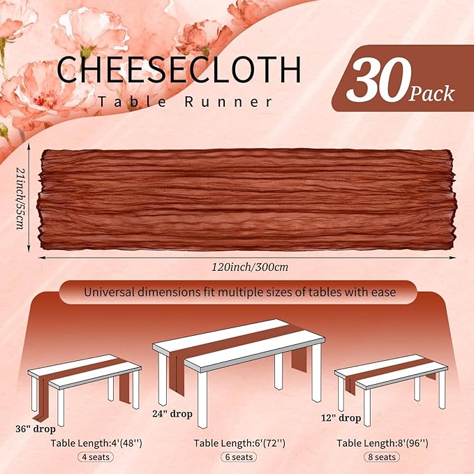 30 Pack Cheesecloth Table Runner 10FT Terracotta Fall Table Runner Boho Gauze Cheese Cloth Table Runners Long Rustic Sheer Table Decorations for Wedding Party Baby Bridal Shower Birthday Holiday Home
