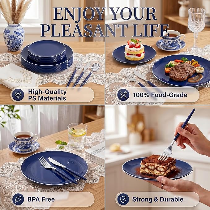 KIRE 175Pcs Blue Plastic Plates with Silver Rim & Disposable Silverware with Blue Handle & Silver-rim Cups & Hand Napkin & Plastic Dinnerware for Parties/Wedding/4th of July