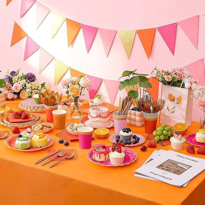 Mimorou 342 Pcs Pink and Orange Plates and Napkins Pink and Orange Tableware Paper Disposable Plates Napkins Cups Plastic Tablecloth Triangle Banner for Wedding Bachelorette Birthday Party Supplies