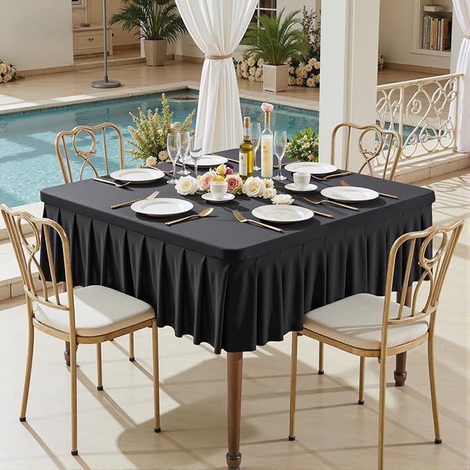 Wish Care 4 Pack Black Spandex Tablecloths for 34x34 Inch Square Tables, Stretch Fitted Table Clothes with Pleated Ruffle Skirt for 34” Table, Wrinkle Free and Elastic, for Party Kitchen Home Dining