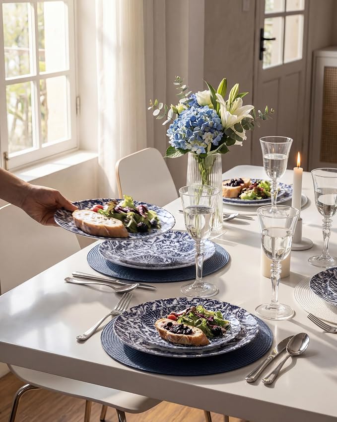 Hioasis 60pcs Plastic Disposable Plates Set - Blue Dandelion & Blue Leaf Pattern, 10.25 Dinner & 7.5 Dessert Plates for Wedding,Anniversary,Party and Holiday