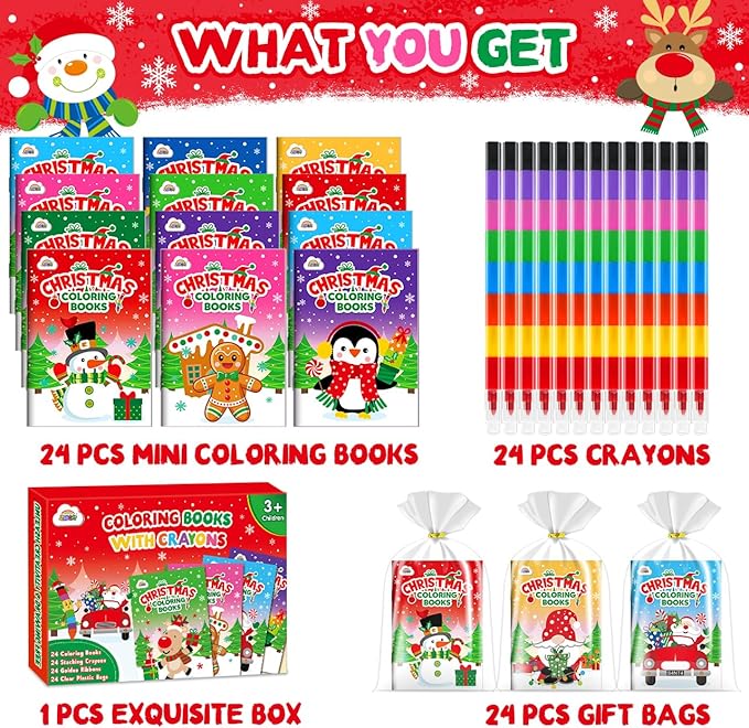 ZMLM 24 Pack Christmas Coloring Books for Kids with Crayons,Party Favors for Kids 4-8, Goodie Bags Stuffers for Toddlers, Classroom Prizes Birthday Return Gifts (Christmas)