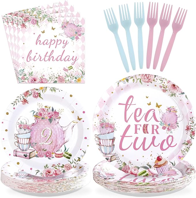 96Pcs Tea for Two Party Supplies Tea 2nd Year Old Girl Birthday Plates and Napkins Pink Floral Teapot Theme Tableware Set for Girls Tea-themed Baby Shower Birthday Party Supplies，Serves 24