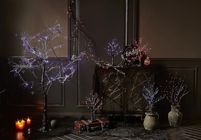 LITBLOOM Lighted Black Glittered Garland with 48 Orange and Purple Bi-Color Lights, Halloween Garland with Lights 8 Functions 6FT Battery Operated for Home Party Halloween Decoration Indoor Outdoor