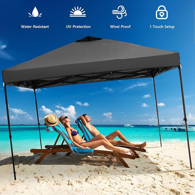 GDY 12x12ft Pop Up Canopy Tent with 4 Sidewalls, with Center Lock, 3-Level Height Adjustment, Wheeled Bag, for Gardens, Poolside, or Patio Lounge Spaces, Black