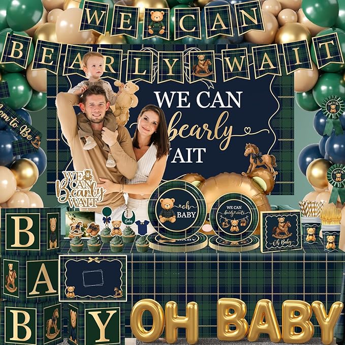 Bear Baby Shower Decorations,Tartan Plaids Bear Baby Shower Decoration Luxury Equestrian Vintage Bear Baby Shower Plates and Napkins,Balloons,Boxes,Caketoppers,Mom to Be Sash,Backdrop for Baby Shower