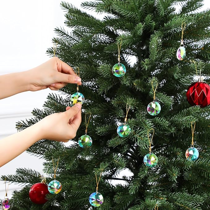 XunYee 36 Pcs Crystal Glass Christmas Balls Ornaments, 1.18" Mini Round Hanging Crystal Prism Xmas Tree Decorations Pendants for Holiday Wedding Birthday Party Home Decorations(AB Color)