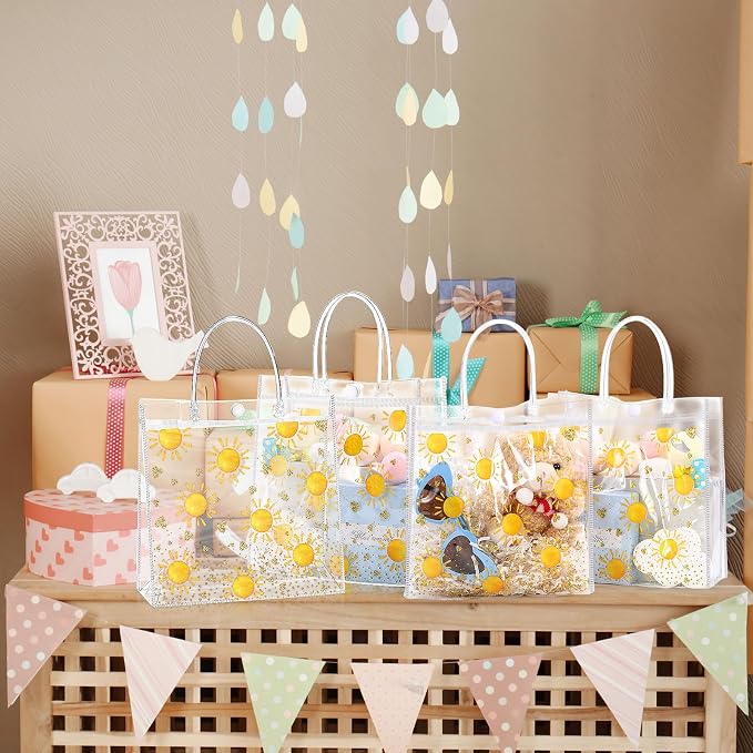 Hosuly 24 Pcs Boho Sun Clear PVC Gift Bags with Handle Button Reusable Yellow Sunshine Candy Treat Goodie Favor Bags for First Birthday Baby Shower Retro Summer Party Supplies