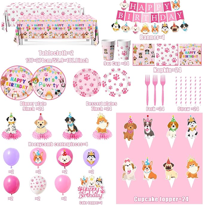 Dog Birthday Party Decorations Include Lets Pawty Plates Napkins Pink Puppy Tablecloth Banner Balloons Cupcake Toppers Tableware Set for Girls Puppy Birthday, Dog Party Decorations Serves 24