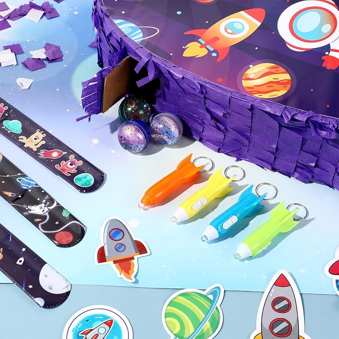 Meooeck 90 Pcs 16 x 12 x 3 Rocket Ship Piñata with Blindfold Piñata Stick Confetti Set, Outer Space Party Favors Include Slap Bracelet Sticker Bouncy Ball Flashlight Keychains