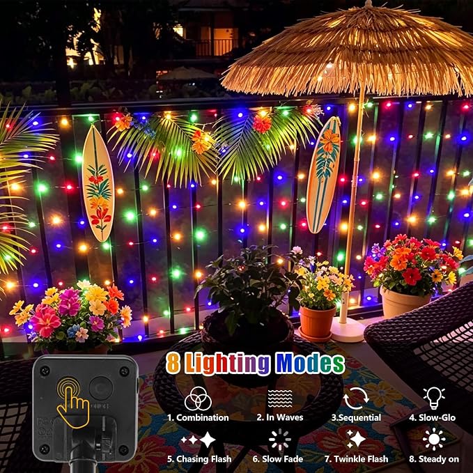 YEGUO 4 Pack Multicolor Solar Fairy Lights, Each 33ft 100 LED Christmas Lights Outdoor Waterproof, 8 Modes Sliver Wire Solar String Lights