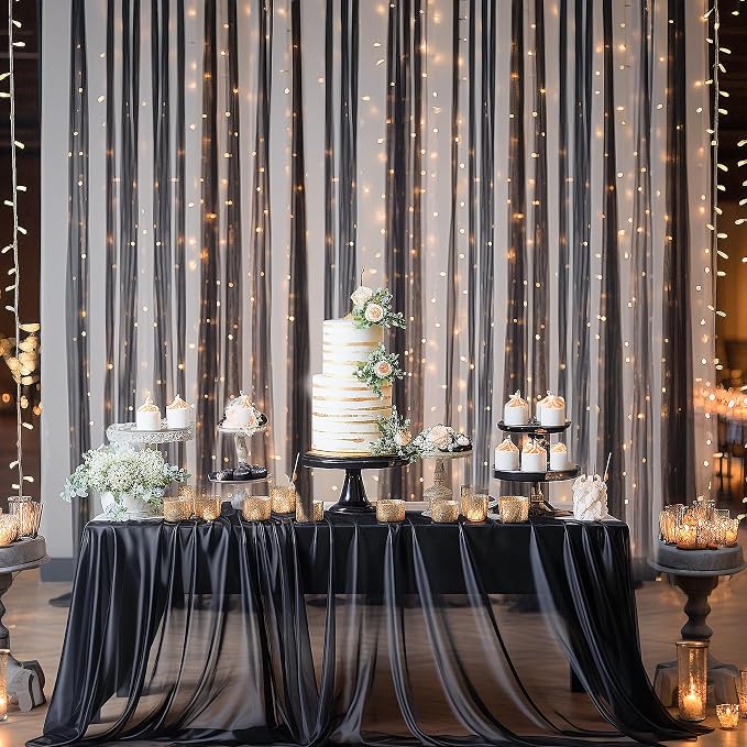 30ft x 10ft Black Backdrop Curtain with Lights String for Parties, Sheer Tulle Wedding Photo Backdrops Drapes for Baby Shower Birthday Party Decorations Background for Photography