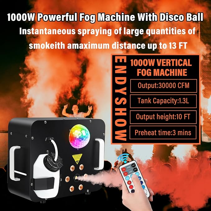 Fog Machine,1000W DJ Smoke Machine Maker with Disco Ball&6 RGB LED Lights Produce 30000 CFM Smoke Vertically or Horizontally by Remote Control for DJ Party Wedding Stage Show Lighting