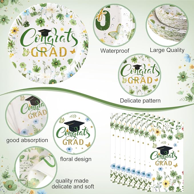 400 Pcs Class of 2026 Sage Green Floral Graduation Decorations for 50, Green and Gold Graduation Paper Plates Napkins and Cups Cutlery Grad Tableware for 2026 Congrats Grad Party Supply