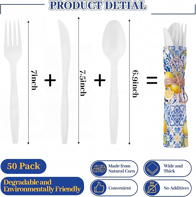 200 Pcs Capri Lemon Party Supplies Biodegradable Disposable Tableware Set for 50 Guests Knives Spoon Fork Paper Napkins Mediterranean Lemons Supplies for Bridal Shower Wedding Bridesmaid Gift