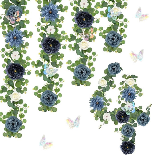 Eucalyptus Garland with Flowers - 4 Pack 5.9 FT Fake Flower Garland with Butterflies Faux Rose Greenery Garlands for Wedding Table Backdrop Arch Centerpieces Decorations - Navy Blue