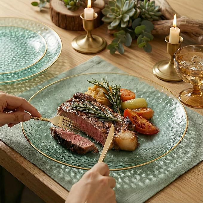 I00000 150Pcs Clear Green Plastic Plates with Gold Rim,Green Disposable Plates,Clear hammer patterned plates Set include 30 Dinner Plate,30 Dessert Plate,90 plastic Silverware Set for Party