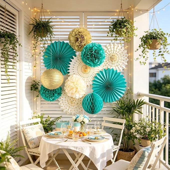 SUNBEAUTY Teal and Gold Party Decorations Teal Birthday Decorations for Women Teal Blue Hanging Paper Fans Tissue Pom Poms Happy Birthday Banner for Baby Showers Wedding Engagement Party