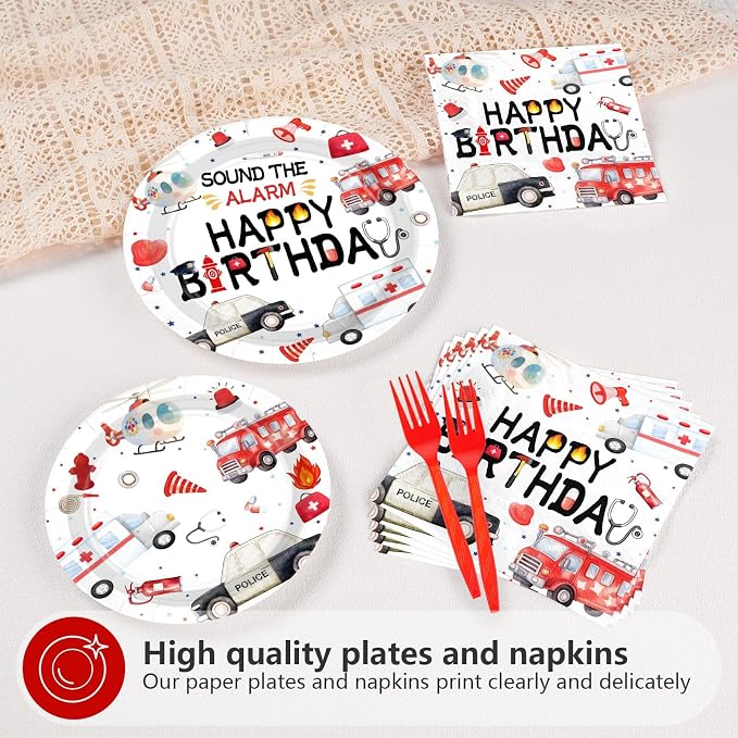 Grencian 96pcs Emergency Vehicle Birthday Party Decorations First Responder Fire Truck Plates and Napkins Ambulance Police Car Tableware for Boys Girls Emergency Vehicle Birthday Party Decorations