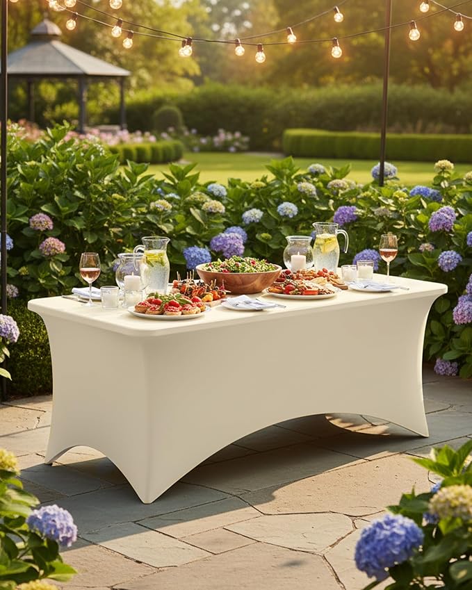 Fixwal Ivory Tablecloths for 8 Foot Rectangle Tables, 2 Pack Spandex Stretch Fitted Table Covers for Party, Trade Show, Banquet, Wedding, Buffet
