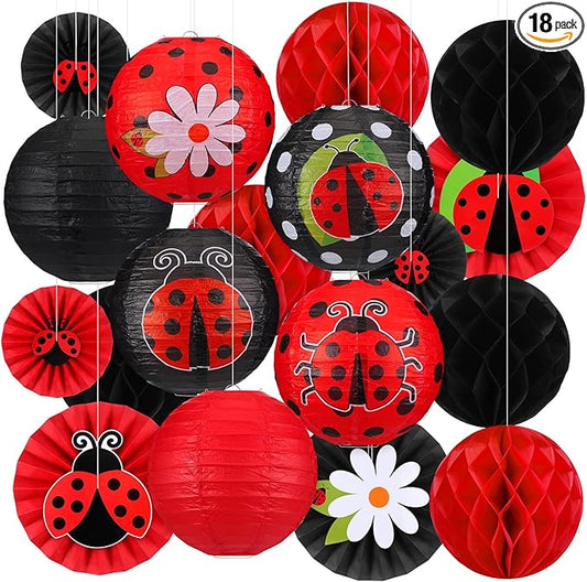Retisee 18 Pcs Ladybug Party Decorations Kit Red Black Polka Dot Ladybug Flower Paper Lanterns Hanging Decoration Red Black Paper Fans Hanging Honeycomb Ball for Lady-Bug Birthday Party Supplies