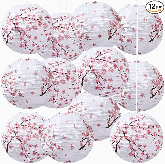Honoson 12 Pcs Cherry Blossom Paper Lanterns Spring Floral Cherry Blossom Party Decorations Hanging 10 Inch Chinese Lanterns for Wedding Bridal Shower Baby Shower Tea Party Decorations