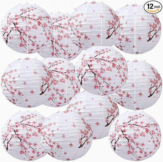 Honoson 12 Pcs Cherry Blossom Paper Lanterns Spring Floral Cherry Blossom Party Decorations Hanging 10 Inch Chinese Lanterns for Wedding Bridal Shower Baby Shower Tea Party Decorations