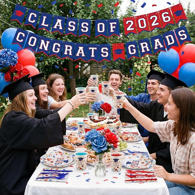 400 Pcs 2026 Red White Blue Graduation Decoration for 50, Red Blue Floral Graduation Paper Plates Napkins Cups Cutlery Flower Grad Tableware for Class of 2026 Congrats Grad Party Supply