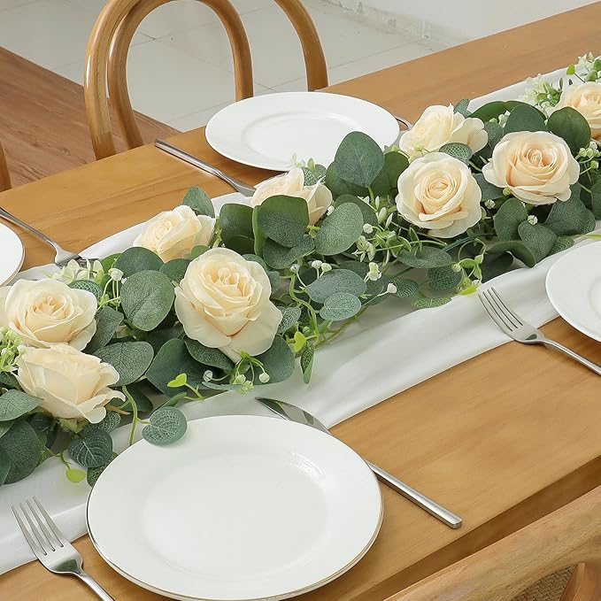 TOCHGREEN 2Pcs(13 Ft) Artificial Eucalyptus Flower Garland with Champagne Rose Flowers,Faux Rose Vine Gypsophila,Floral Greenery for Home Wedding Table Decor (Champagne, 2PCS)