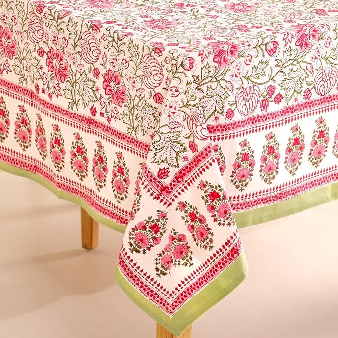 Hand Block Printed Tablecloth, Colorful Floral Print, Indian Artisan Handmade Art, Dining Room, Kitchen, Outdoor Décor, (Peach Rose Bloom, 12 Seater 72 x 135 Inches Rectangle)