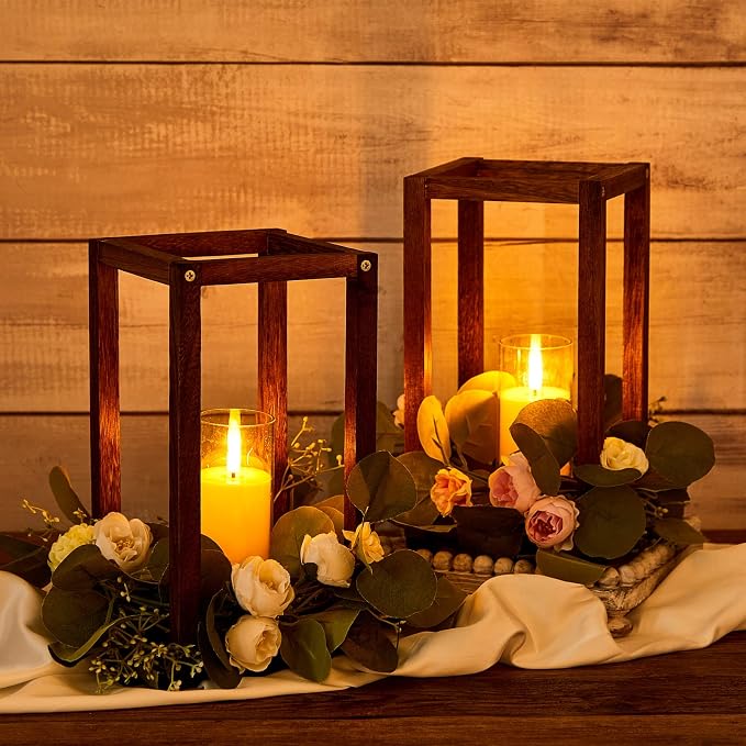 Sabary 5 Sets/ 10 Pcs Wooden Lantern Candle Holders with Candles for Wedding Decoration Vintage Table Centerpiece Farmhouse Rustic Candle Lantern for Indoor Fireplace Dining Party Decor (Caramel)