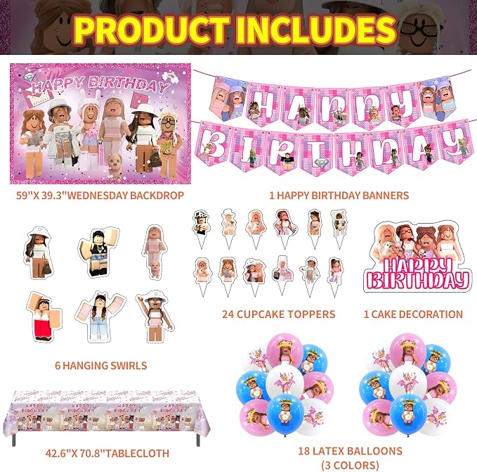 Birthday Party Supplies - Theme Children's Party Decorations Included 18-Balloons, 1-Backdrop, 1-Banner, 6-Hanging Swirls, 1-Tablecloth, 24-Cupcake Cake Toppers