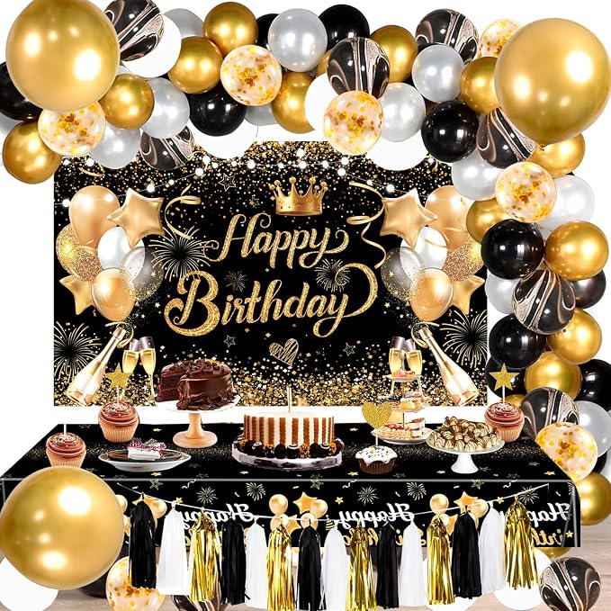 Black Golden Happy Birthday Party Balloons Decorations Set, 80 PCS | with Photo Background Backdrop, Happy Birthday Sign Banner Cloth, 3 PCS 18inch Metal Gold Balloons, Gold Confetti Balloons