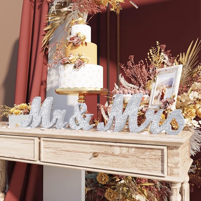 VIOPVERY Mr and Mrs Sign & Just Married Banner,Mr & Mrs Signs for Wedding Table,Large Wooden Letters for Sweetheart Table,Photo Props Wedding decorations for Anniversary,Silver