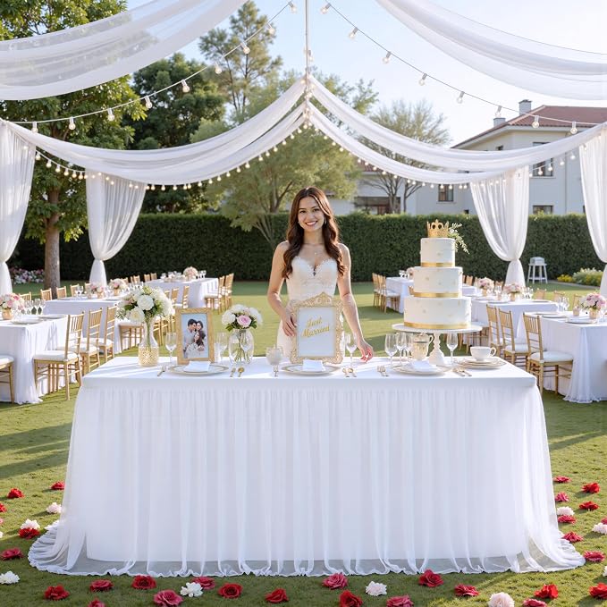 familus White Table Cloths 8 Foot Rectangle 2 Pack Stretch Ruffle Tulle Tablecloth Spandex Fitted Table Cover for 8 Foot Tulle Table Skirts for Party Wedding Table Cloths, Banquets