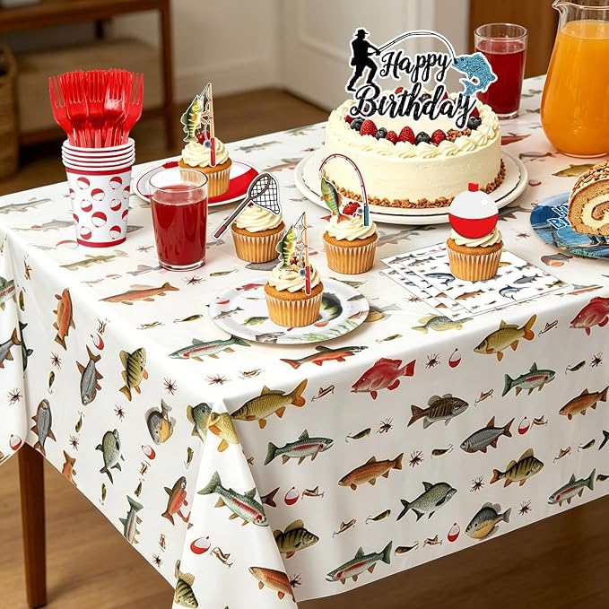 Fishing Birthday Party Decorations Kit with Plates, Napkins, Cups, Cutlery, Honeycomb Balls, Banner, Hanging Swirls, Tablecloths, Toppers, Balloons for Ofishally One Birthday Decorations, Serves 24