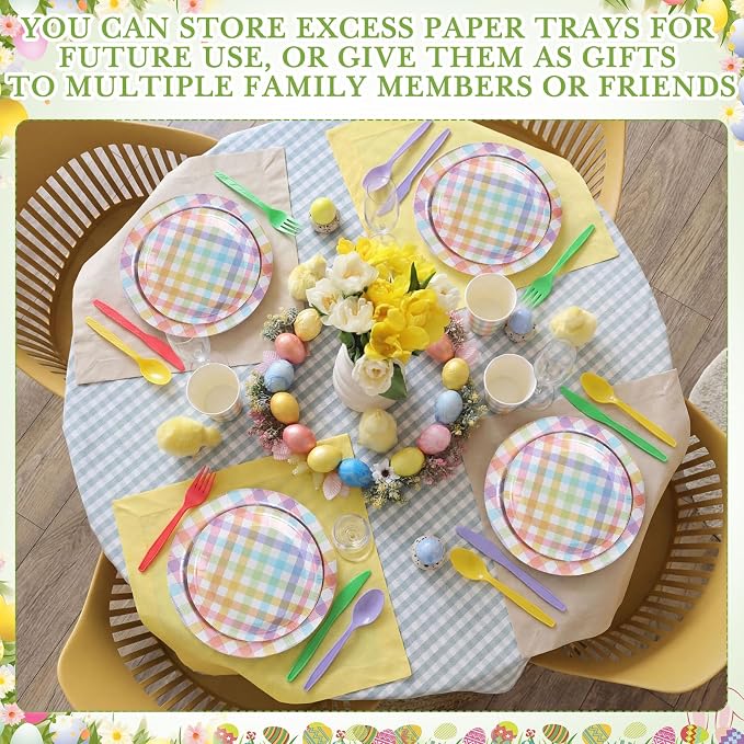 Funnymoom 400 Pcs Pastel Gingham Party Supplies for 50 Guests Pastel Pink Blue Yellow Checked Paper Plates and Napkins Cups Disposable Dinner Parties Set Cutlery for Holiday Spring Party Favor