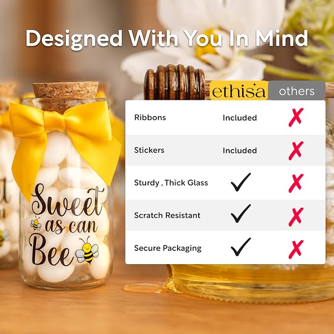 Ethisa Vintage 12 Pack Bee Party Favor Glass Bottles with Ribbons and Stickers - Classy Baby Shower and Birthday Souvenir for Guests and Table Centerpiece Decoration - Sweet as Can Bee Honey Candy Jar