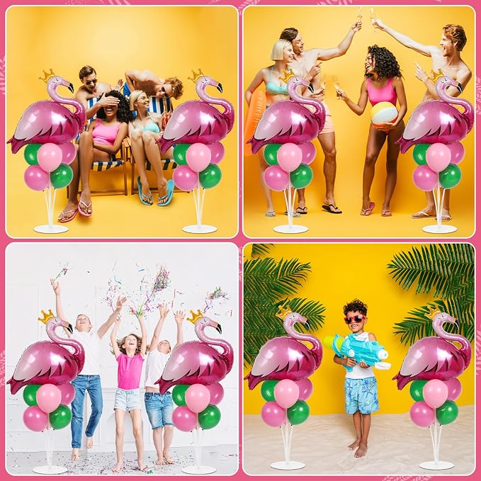 2 Sets Summer Tropical Flamingo Balloon Column Stand Kit with 102 Pink Green Flamingo Foil Balloons 5.57ft Balloon Tower Stand with Base Arch Column for Birthday Wedding Hawaiian Luau Party Decortions