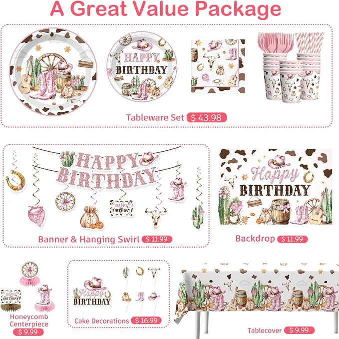 Xynic 214pcs Western Cowgirl Birthday Party Decorations Tableware Set, 25 Serves Disposable Cowgirl Plates and Napkins Set, with Backdrop, 2pcs Tablecloth, for Pink Western Party Decorations