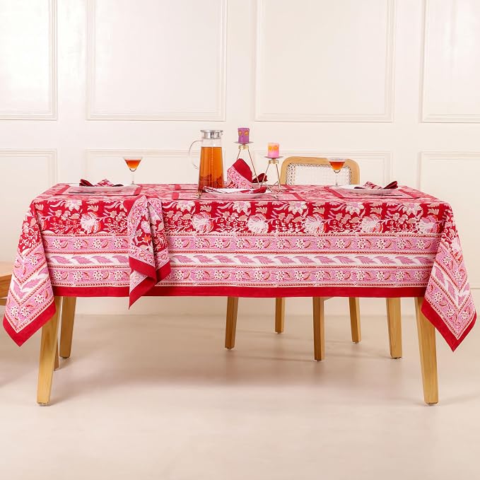 Hand Block Printed Tablecloth, Colorful Floral Print, Indian Artisan Handmade Art, Dining Room, Kitchen, Outdoor Décor, (Cherry Red, 16 Seater 72 x 190 Inches Rectangle)