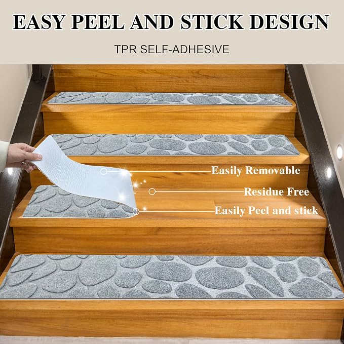 Self Adhesive Residue Free Machine Washable Reusable Stair Treads Non Slip Steps - 100% Polyester Heavyduty TPE Backing Wooden Stair Runner Indoor - 15 Pack 30"X8" Anti Slip Mats - Stone Grey