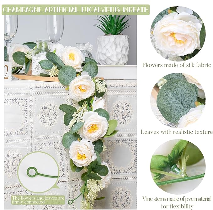 Zerzsy 13Ft Artificial Eucalyptus Garlands with Flowers, Artificial Champagne Rose Garland Vine Decor, Faux Floral Greenery Spring Garland Decorations for Table Home Wedding Mantle Party
