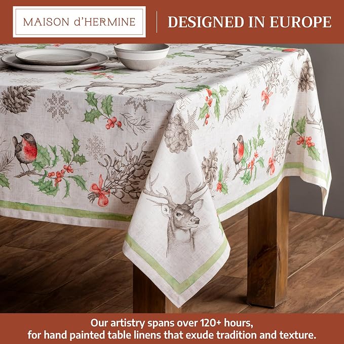 Maison d' Hermine Table Cloth Rectangle Table 100% Cotton 60 x 120 Inches Fall Tablecloth Reusable Everyday Use for Thanksgiving Christmas Decorations Dining Farmhouse Party (Christmas Dew)