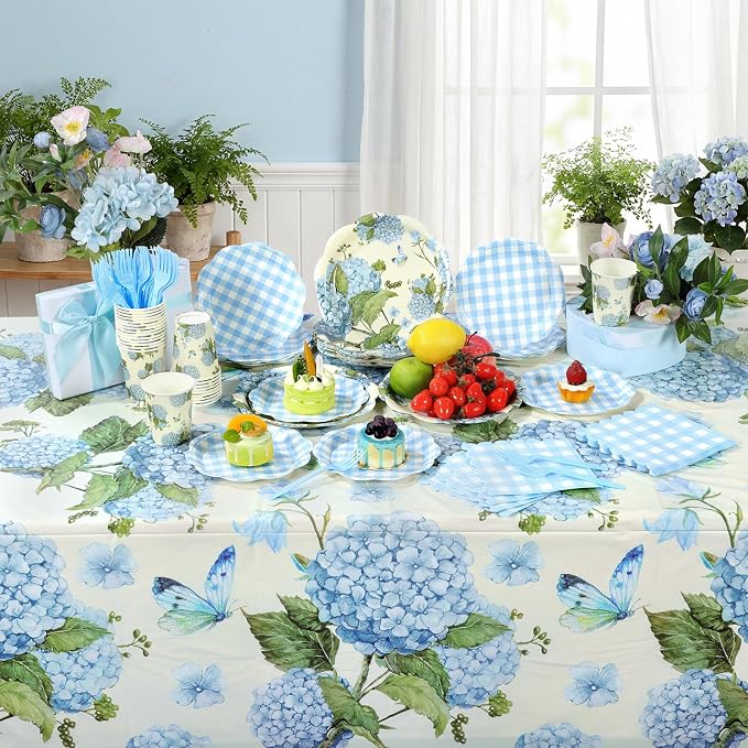 LemonRoad 128 Pcs Blue Hydrangea Party Decorations for 25, Blue and White Hydrangea Floral Checkered Paper Plates Napkins Cups Tablecloth Forks Banner for Bridal Baby Shower Birthday Tea Party Supply