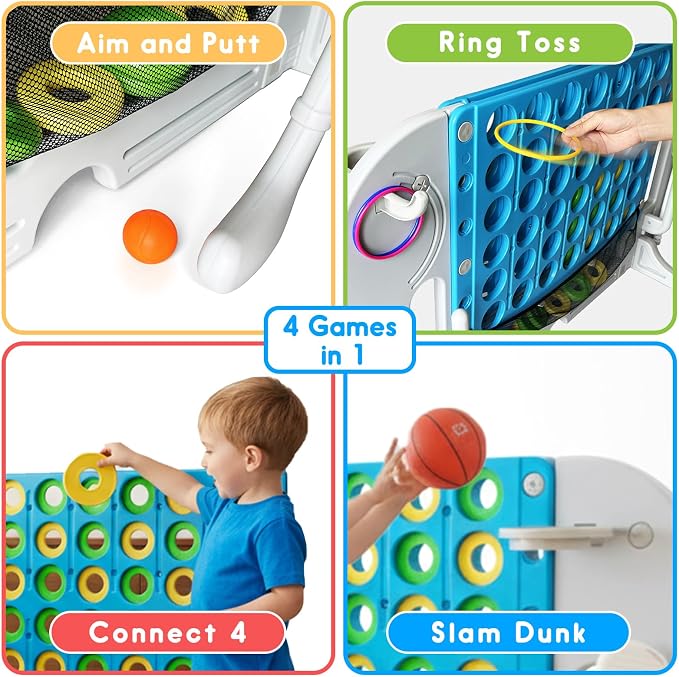 Giant 4 in a Row Connect Game, Adjustable Height (2.6FT-4.3FT) Jumbo 4-to-Score Yard Game Set with Basketball, Golf & Ring Toss, Elephant Design Outdoor Indoor Family Yard Party Game for Kids & Adults